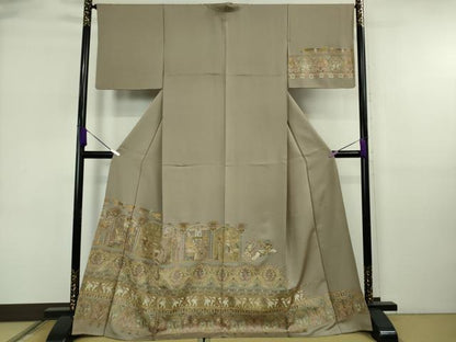 平和屋本店●極上　訪問着　総刺繍　エジプト壁画文様　生壁色地　金糸　逸品　DZAB6598kh6