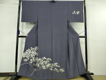 平和屋着物●極上　訪問着　総手刺繍　枝花文　濃い鼠色地　金糸　逸品　DZAB6599kh6