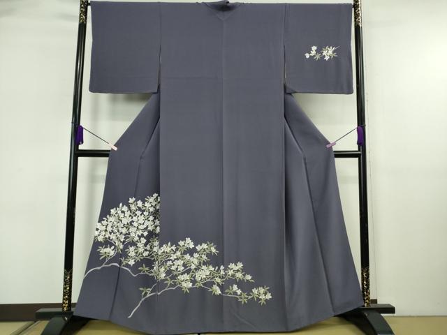 平和屋着物●極上　訪問着　総手刺繍　枝花文　濃い鼠色地　金糸　逸品　DZAB6599kh6
