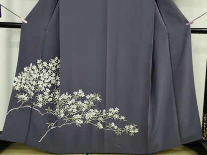 平和屋着物●極上　訪問着　総手刺繍　枝花文　濃い鼠色地　金糸　逸品　DZAB6599kh6