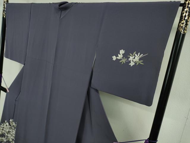 平和屋着物●極上　訪問着　総手刺繍　枝花文　濃い鼠色地　金糸　逸品　DZAB6599kh6