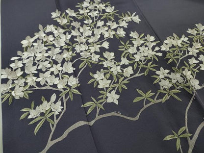 平和屋着物●極上　訪問着　総手刺繍　枝花文　濃い鼠色地　金糸　逸品　DZAB6599kh6