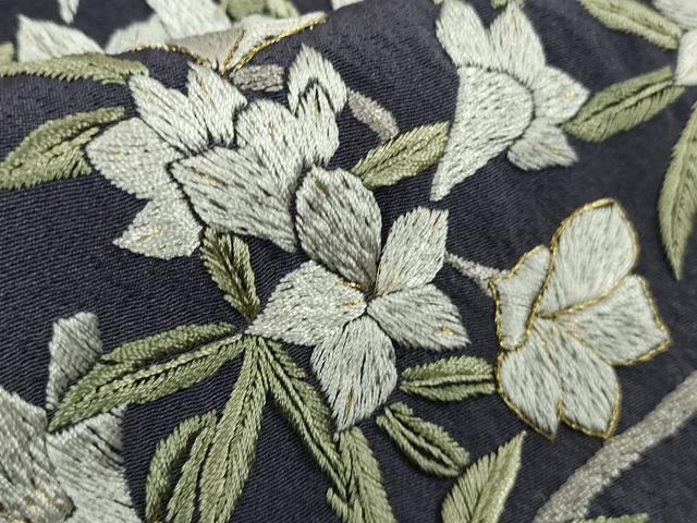平和屋着物●極上　訪問着　総手刺繍　枝花文　濃い鼠色地　金糸　逸品　DZAB6599kh6