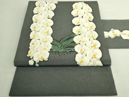 平和屋本店●極上　九寸名古屋帯　東京手描友禅　駒刺繍　胡蝶蘭　反端付き　羊羹色地　逸品　未使用　DZAB6604kh6
