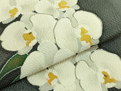 平和屋本店●極上　九寸名古屋帯　東京手描友禅　駒刺繍　胡蝶蘭　反端付き　羊羹色地　逸品　未使用　DZAB6604kh6