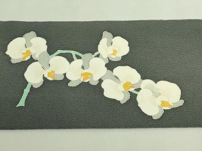 平和屋本店●極上　九寸名古屋帯　東京手描友禅　駒刺繍　胡蝶蘭　反端付き　羊羹色地　逸品　未使用　DZAB6604kh6