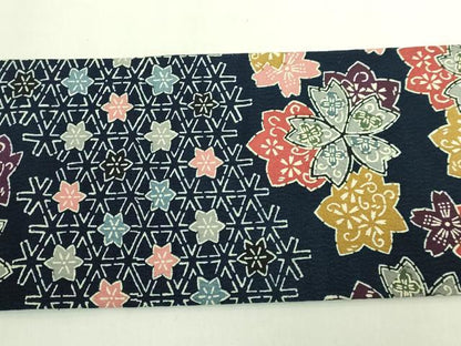 平和屋本店●極上　浦野理一　型染　九寸名古屋帯　舞花文　鬼しぼ縮緬　濃い紺色地　逸品　DZAB6610kh6