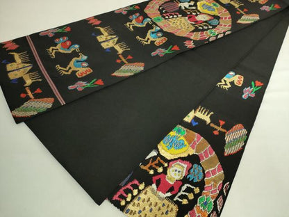 平和屋本店●極上　六通柄　本袋帯　コプト草花文　黒地　金銀糸　逸品　DZAB6615kh6