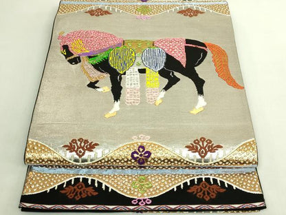 平和屋本店●最高級　龍村平蔵製　太鼓柄　本袋帯　天竺祭馬錦　黒地　金銀糸　逸品　DZAB6618kh6