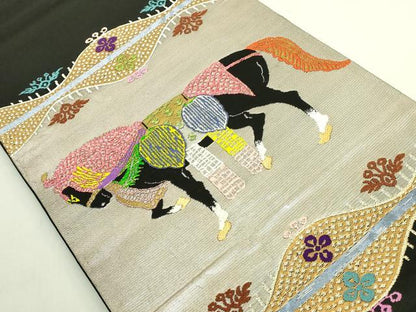 平和屋本店●最高級　龍村平蔵製　太鼓柄　本袋帯　天竺祭馬錦　黒地　金銀糸　逸品　DZAB6618kh6