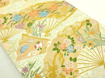 平和屋本店●極上　龍村美術織物　たつむら　六通柄　本袋帯　唐織　散扇草花錦　金糸　逸品　DZAB6621kh6