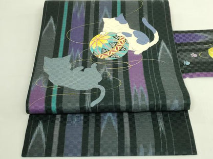 平和屋着物●極上　九寸名古屋帯　WAKKA　猫　毬　鈴　逸品　DZAB6623kh6