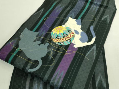 平和屋着物●極上　九寸名古屋帯　WAKKA　猫　毬　鈴　逸品　DZAB6623kh6