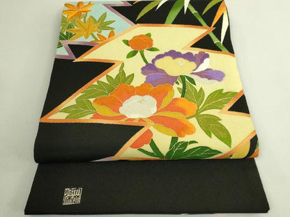 平和屋本店●極上　創業130年　江戸染繍友禅　大彦　太鼓柄袋帯　相良刺繍　松皮菱花文　黒地　金糸　逸品　DZAB6633kh6
