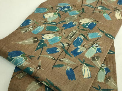 平和屋本店＊希少　夏物　国画会重鎮　型絵染作家　添田敏子　型絵染　九寸名古屋帯　花　麻　逸品　DZAB6644kh6