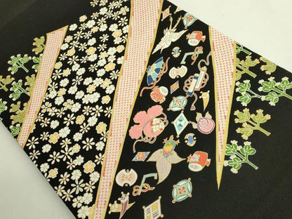 平和屋本店●極上　九寸開き名古屋帯　刺繍　飛鶴宝尽くし花文　蓑亀　黒地　金糸　鬼しぼ縮緬　逸品　DZAB6647kh6