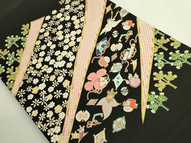 平和屋本店●極上　九寸開き名古屋帯　刺繍　飛鶴宝尽くし花文　蓑亀　黒地　金糸　鬼しぼ縮緬　逸品　DZAB6647kh6
