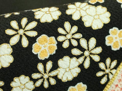 平和屋本店●極上　九寸開き名古屋帯　刺繍　飛鶴宝尽くし花文　蓑亀　黒地　金糸　鬼しぼ縮緬　逸品　DZAB6647kh6