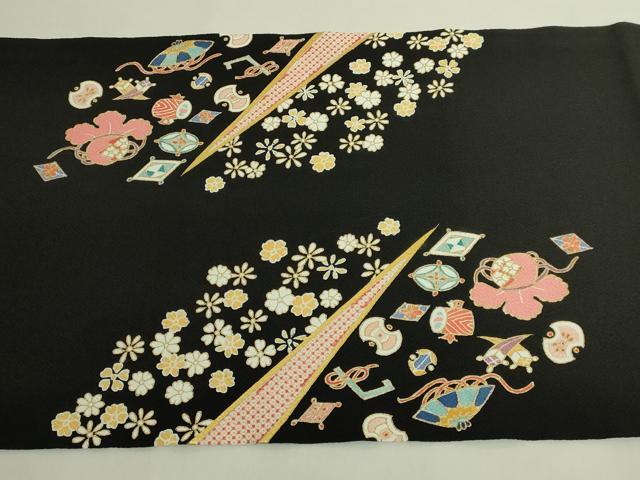 平和屋本店●極上　九寸開き名古屋帯　刺繍　飛鶴宝尽くし花文　蓑亀　黒地　金糸　鬼しぼ縮緬　逸品　DZAB6647kh6