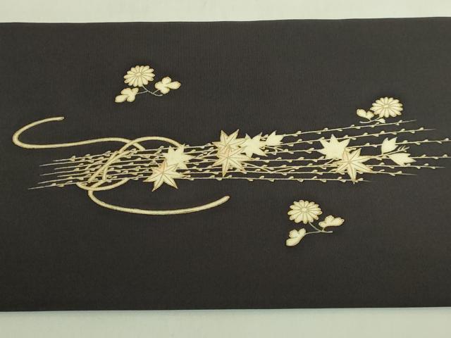 平和屋本店●極上　塩瀬　九寸名古屋帯　駒刺繍　薄花文　金彩　濃い蝋色地　逸品　DZAB6648kh6
