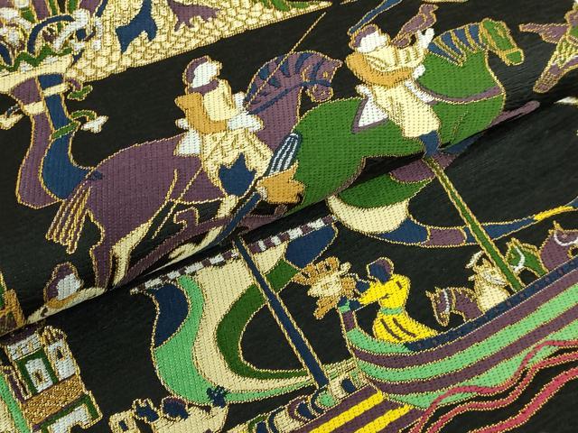 平和屋本店●極上　西陣　白綾苑大庭　六通柄袋帯　唐織　人物風景文　黒地　金糸　逸品　DZAB6656kh6