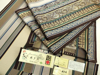 平和屋本店●極上 本場筑前博多織 両面全通柄袋帯 日高さと子 ペイズリー 間道 はかた匠工芸 博多金ラベル 証紙付 逸品 未使用 DZAB6669kh6