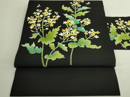 平和屋本店●極上　塩瀬　九寸名古屋帯　菜の花　蜂　黒地　金彩　逸品　DZAB6678kh6