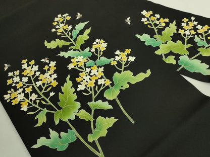 平和屋本店●極上　塩瀬　九寸名古屋帯　菜の花　蜂　黒地　金彩　逸品　DZAB6678kh6