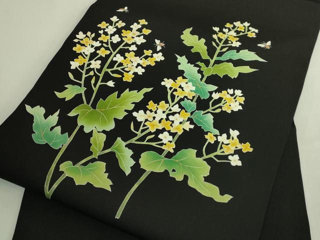 平和屋本店●極上　塩瀬　九寸名古屋帯　菜の花　蜂　黒地　金彩　逸品　DZAB6678kh6