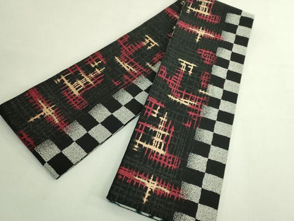平和屋着物●極上　両面　半幅帯　麻の葉文様　市松間道　黒地　銀糸　逸品　DZAB6679kh6