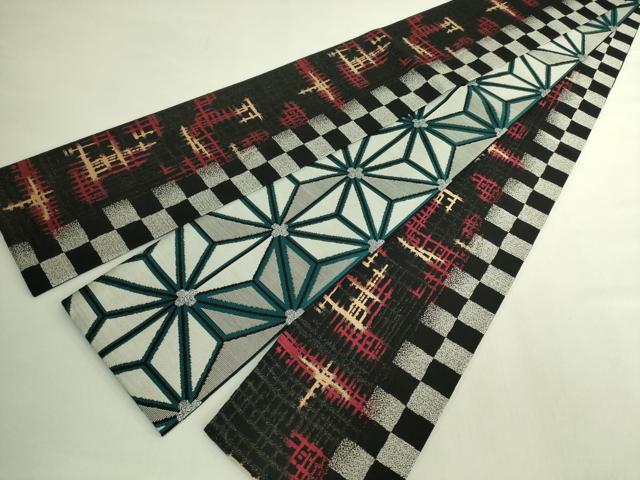 平和屋着物●極上　両面　半幅帯　麻の葉文様　市松間道　黒地　銀糸　逸品　DZAB6679kh6