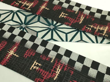 平和屋着物●極上　両面　半幅帯　麻の葉文様　市松間道　黒地　銀糸　逸品　DZAB6679kh6