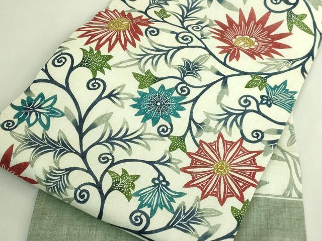 平和屋本店＊極上 夏物 和染紅型 栗山紅型 栗山吉三郎 九寸名古屋帯 花唐草 麻 逸品 DZAB6690kh6