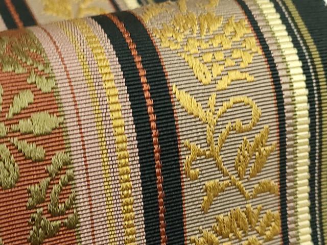 平和屋着物●極上　本場筑前博多織　八寸名古屋帯　花唐草間道　黒地　逸品　DZAB6691kh6