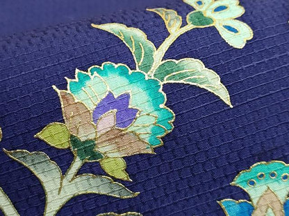 平和屋本店●極上　岡重謹製　OKAJIMA　九寸名古屋帯　更紗花文　鉄紺色地　金彩　逸品　DZAB6696kh6