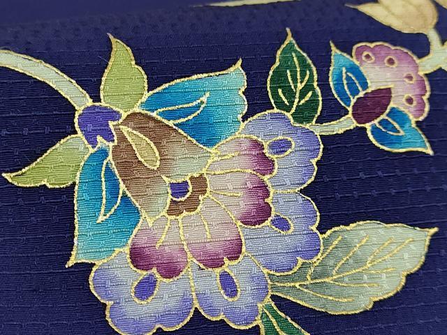 平和屋本店●極上　岡重謹製　OKAJIMA　九寸名古屋帯　更紗花文　鉄紺色地　金彩　逸品　DZAB6696kh6