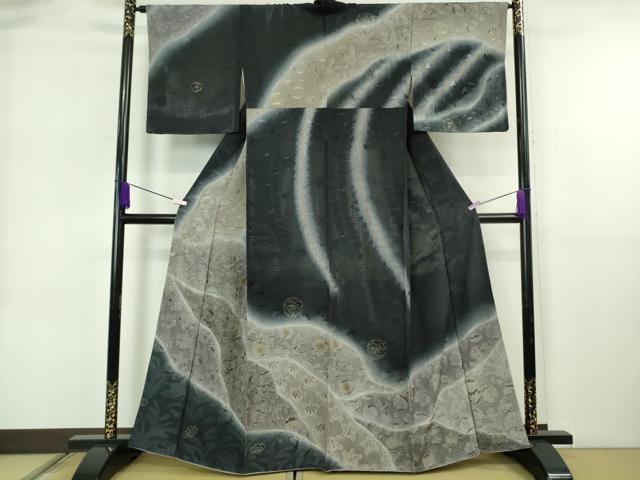 平和屋本店●極上　中国三大刺繍 スワトウ刺繍 汕頭刺繍 総刺繍 訪問着 辻が花　道長花文　暈し染め　濃い褐色地　金糸　逸品　DZAB6702kh6