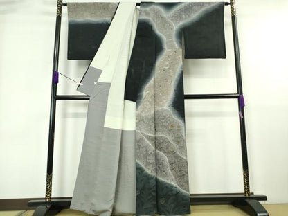 平和屋本店●極上　中国三大刺繍 スワトウ刺繍 汕頭刺繍 総刺繍 訪問着 辻が花　道長花文　暈し染め　濃い褐色地　金糸　逸品　DZAB6702kh6