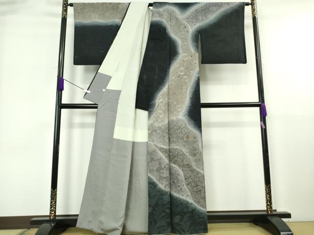 平和屋本店●極上　中国三大刺繍 スワトウ刺繍 汕頭刺繍 総刺繍 訪問着 辻が花　道長花文　暈し染め　濃い褐色地　金糸　逸品　DZAB6702kh6