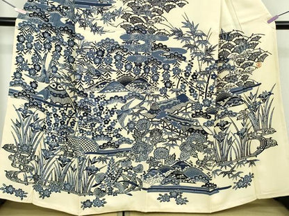 平和屋本店●極上　和染紅型　栗山紅型　栗山吉三郎　本藍　訪問着　風景花鳥文　縮緬地　薄い砥粉色　逸品　未使用　DZAB6705kh6