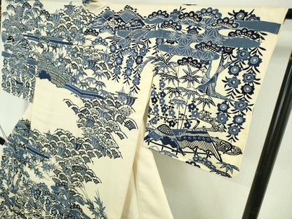 平和屋本店●極上　和染紅型　栗山紅型　栗山吉三郎　本藍　訪問着　風景花鳥文　縮緬地　薄い砥粉色　逸品　未使用　DZAB6705kh6