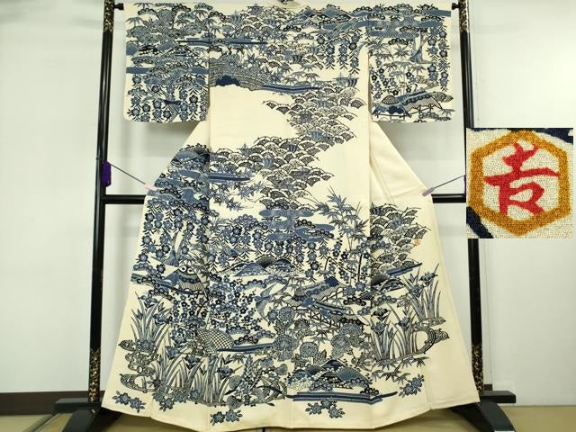 平和屋本店●極上　和染紅型　栗山紅型　栗山吉三郎　本藍　訪問着　風景花鳥文　縮緬地　薄い砥粉色　逸品　未使用　DZAB6705kh6