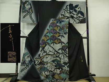 平和屋本店●極上　キモノデザイナー　斉藤上太郎　訪問着　松笹花鳥文　黒地　銀彩　逸品　未使用　DZAB6706kh6