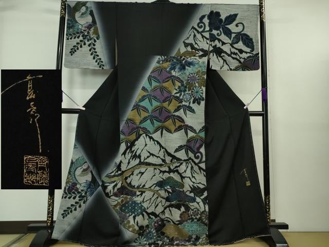 平和屋本店●極上　キモノデザイナー　斉藤上太郎　訪問着　松笹花鳥文　黒地　銀彩　逸品　未使用　DZAB6706kh6