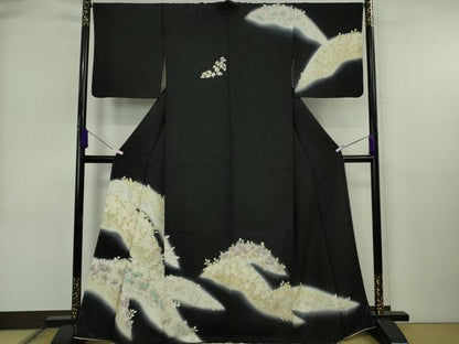 平和屋着物●極上　訪問着　草花文　黒地　金彩　銀通し地　逸品　未使用　DZAB6710kh6