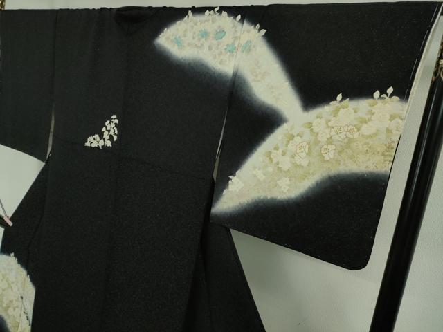 平和屋着物●極上　訪問着　草花文　黒地　金彩　銀通し地　逸品　未使用　DZAB6710kh6