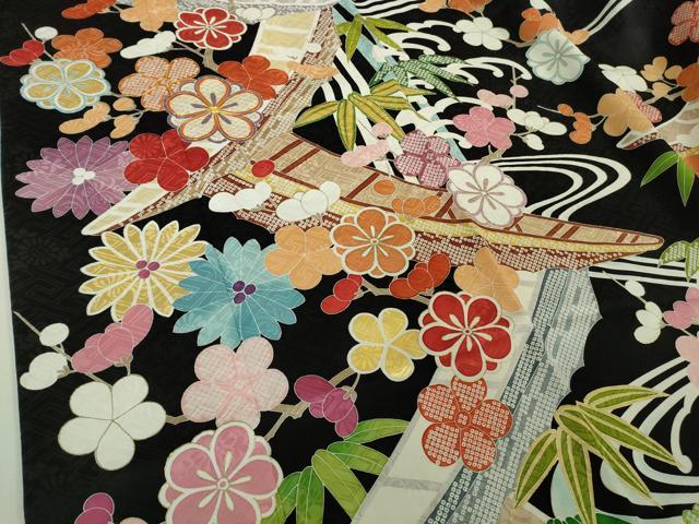 平和屋本店●極上　創業460年・千總　振袖　花舟　笹梅　黒地　金彩　逸品　DZAB6713kh6