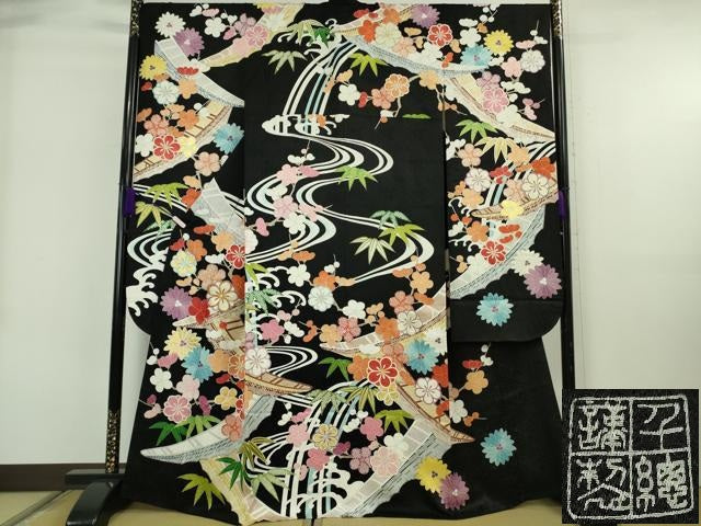 平和屋本店●極上　創業460年・千總　振袖　花舟　笹梅　黒地　金彩　逸品　DZAB6713kh6