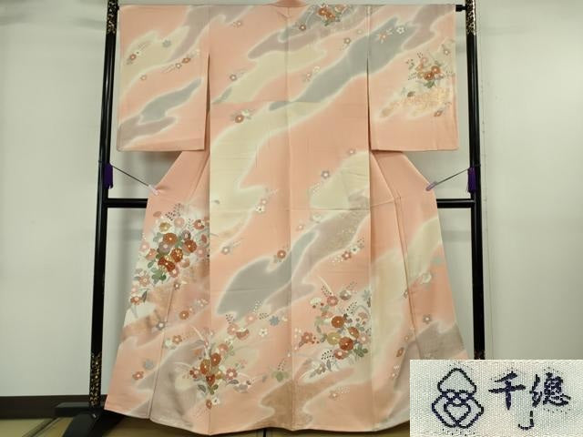 平和屋本店●極上　創業460年・千總　訪問着　駒刺繍　草花文　暈し染め　一斤染色地　金彩　逸品　DZAB6714kh6