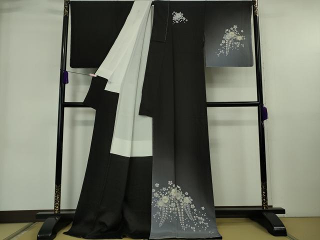 平和屋着物●極上　訪問着　作家物　辻が花　暈し染め　黒地　鬼しぼ縮緬　ロング丈　逸品　未使用　DZAB6718kh6